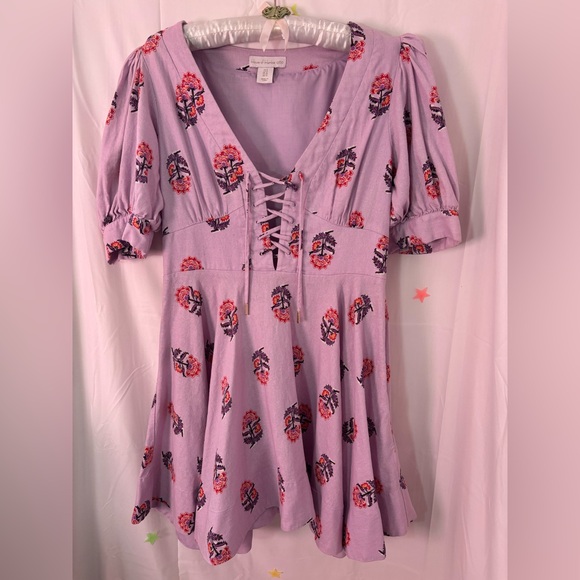 House of Harlow 1960 Puff Sleeve Linen Blend Lavender Floral Midi Dress Size 8 - Picture 13 of 13